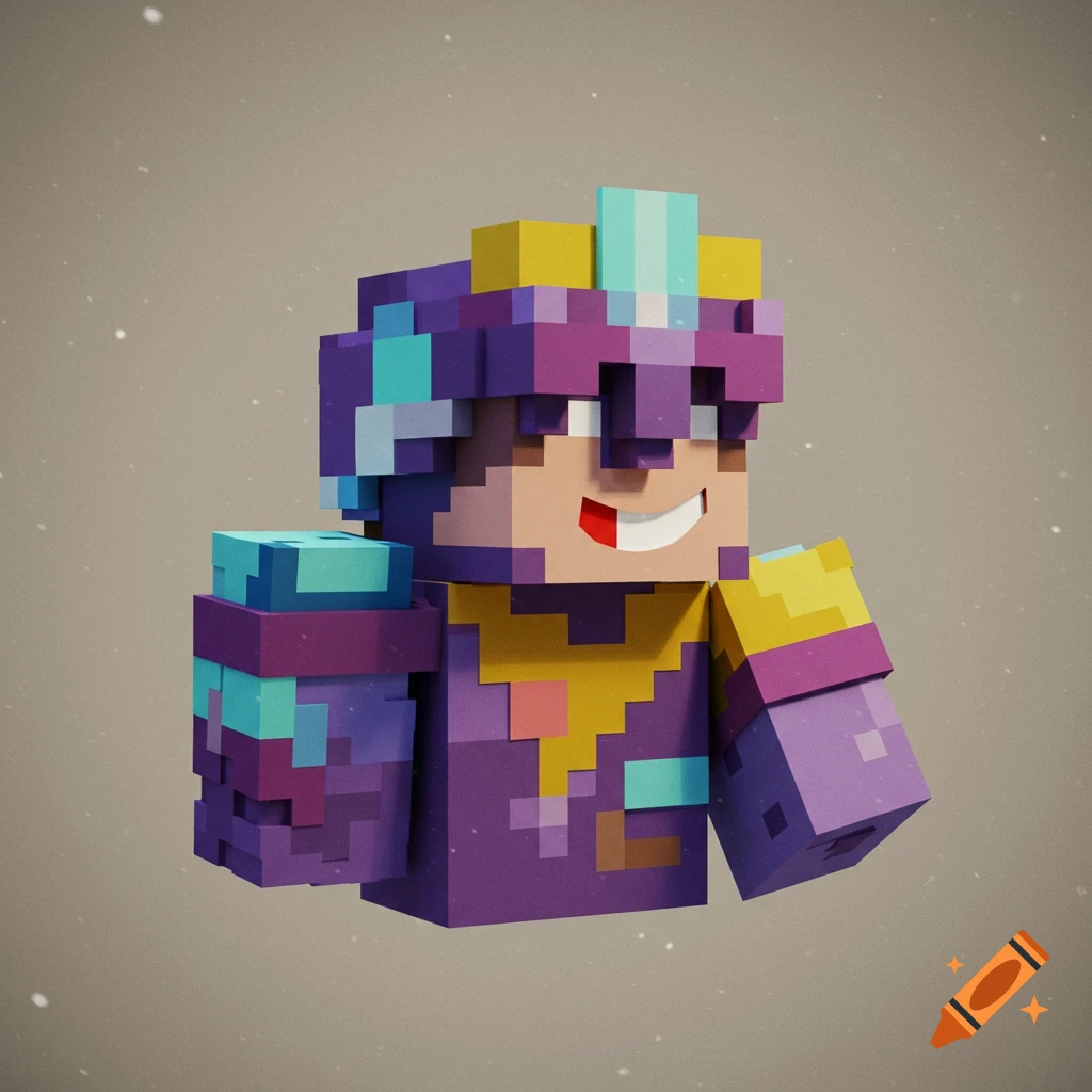 A 3D rendered blocky character in purple and yellow armor, like a Minecraft skin.