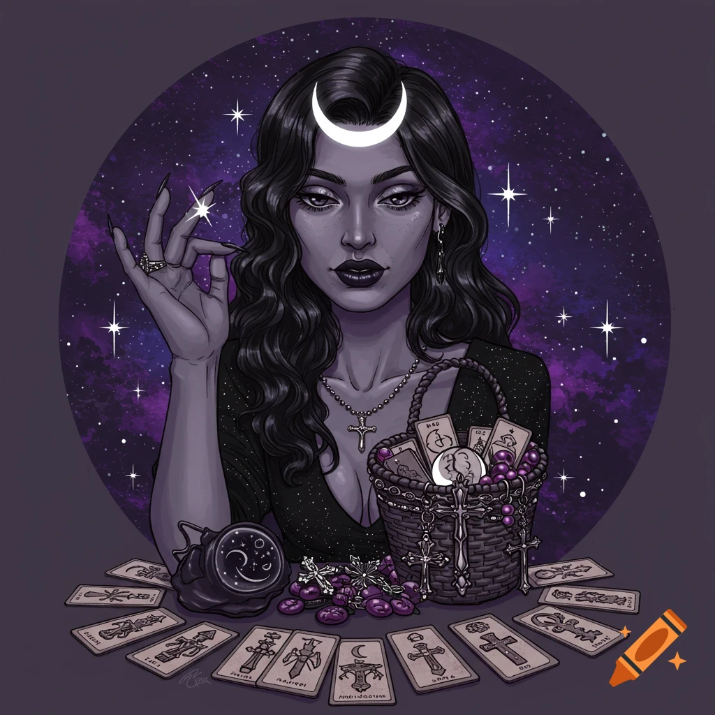 Illustration of a mystical woman with a crescent moon, tarot cards, crystal ball, and basket under a starry sky.