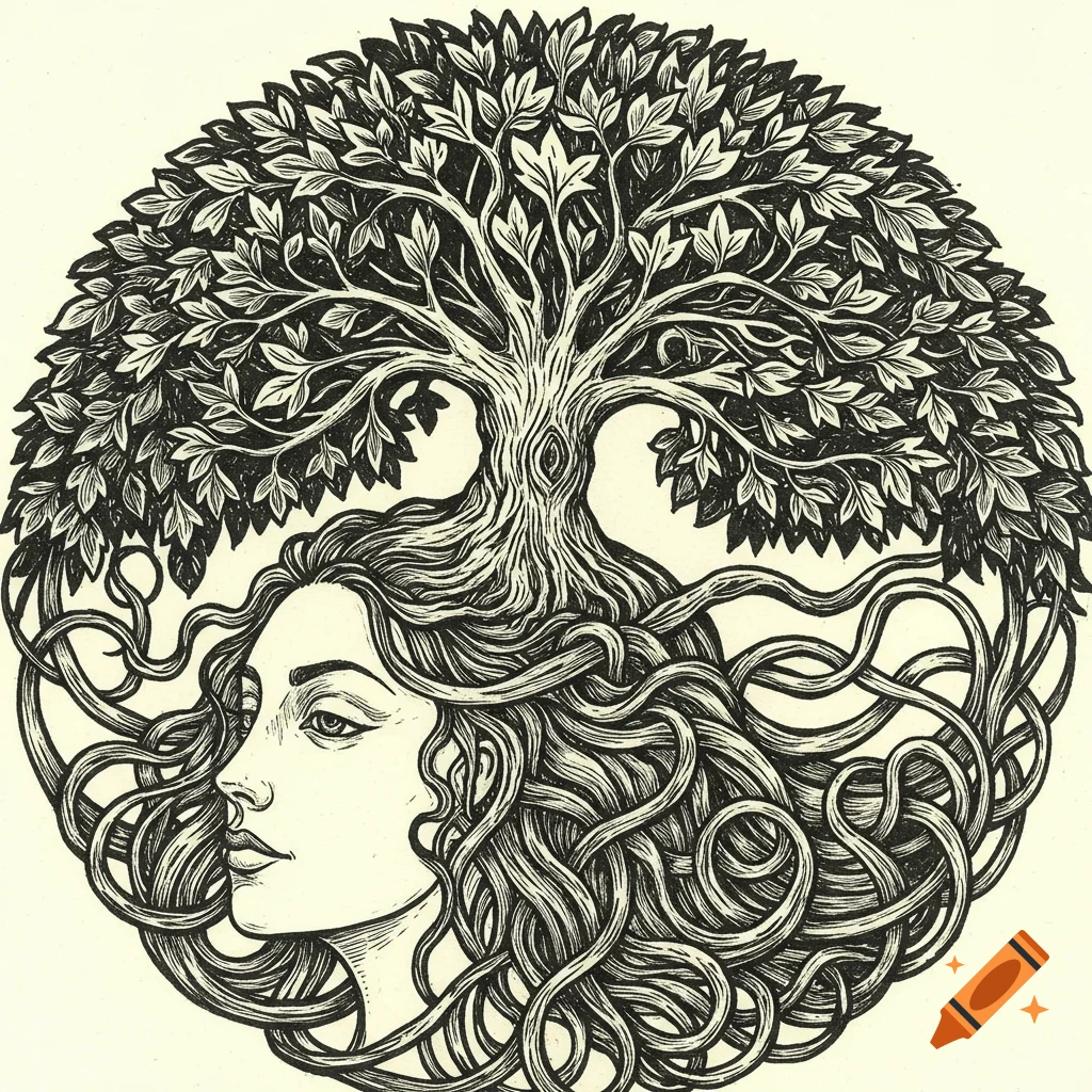 Woodcut illustration of a woman's head with a tree growing from it, intertwined with hair.