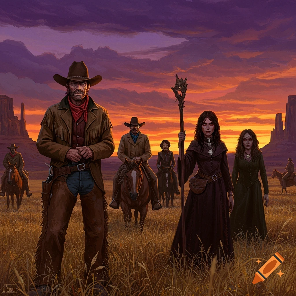 Cowboys and witches standing in a field at sunset.