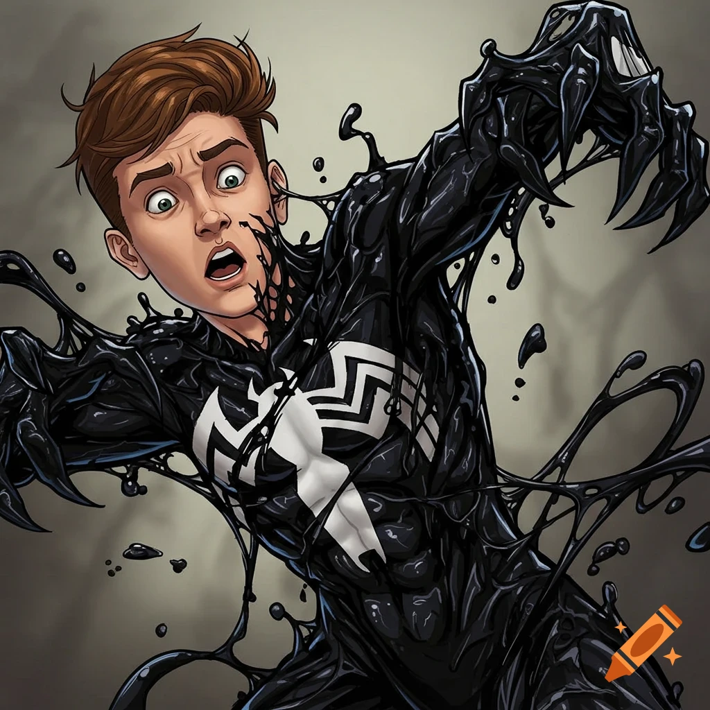 A person transforming into the black Venom symbiote suit.