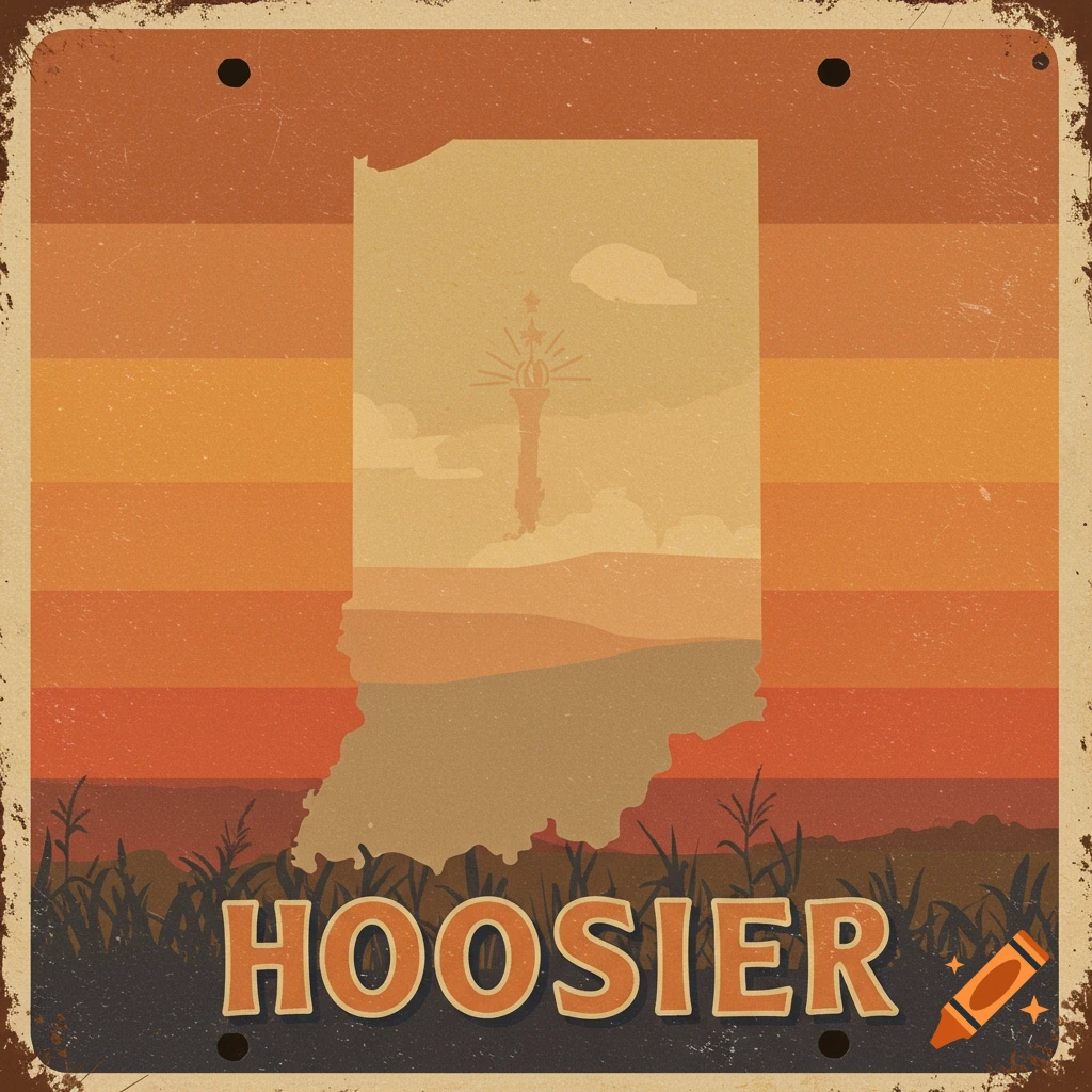 Vintage-style Indiana license plate art with sunset colors and the word HOOSIER.