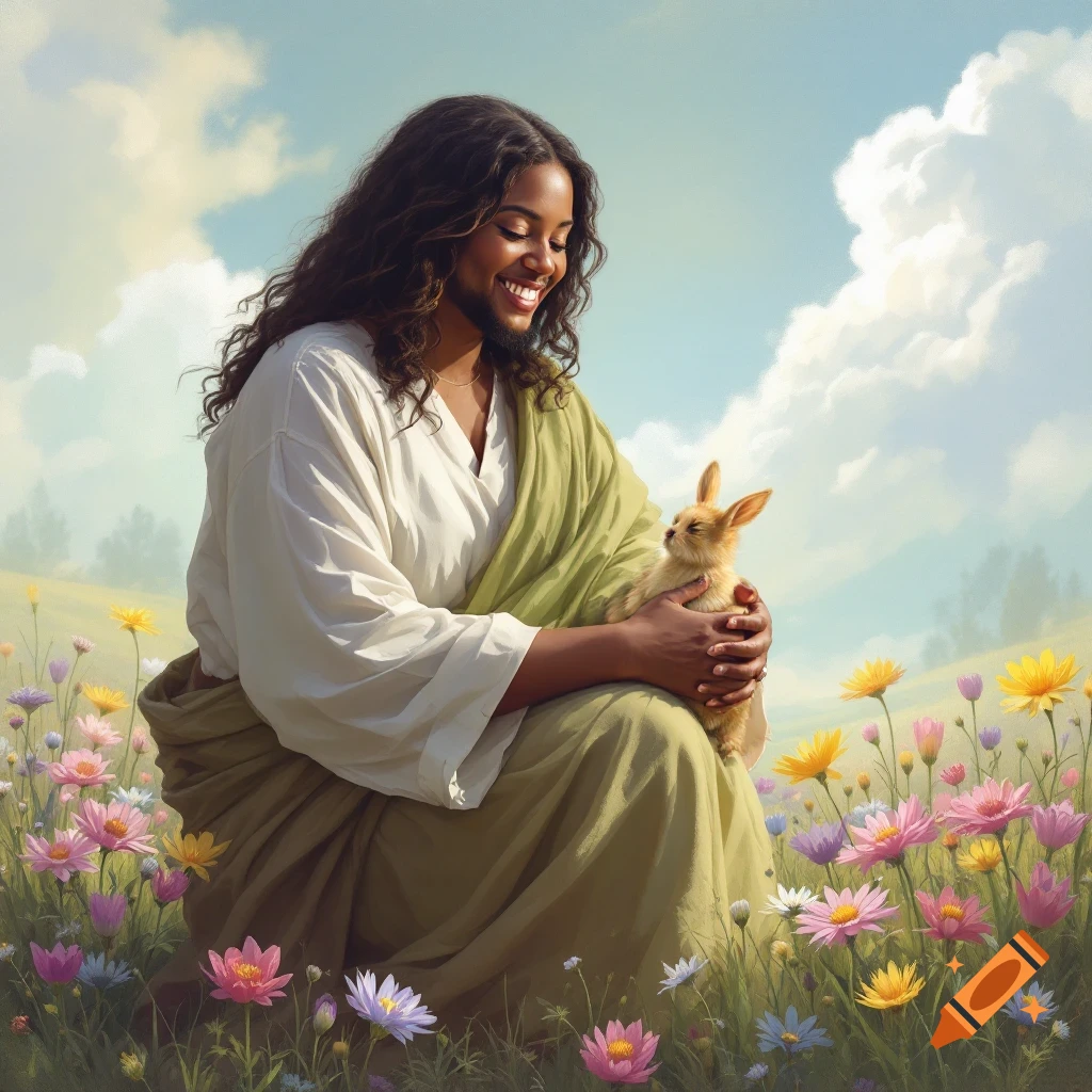 A man holding a rabbit in a field of colorful flowers under a cloudy sky.