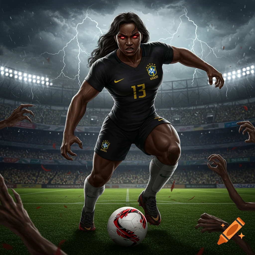 Muscular figure in black soccer uniform with red eyes dribbling ball as zombie hands reach, stormy stadium background