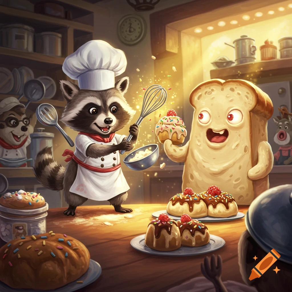 A cartoon raccoon chef and a sentient slice of bread bake together in a kitchen.