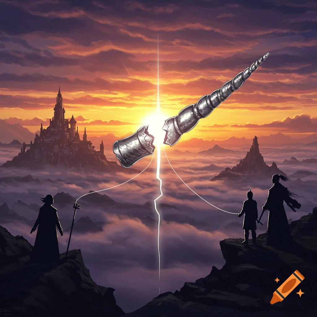 Silhouettes stand on a cliff overlooking a misty valley with a castle at sunset, connected by threads to a cracked unicorn horn in the sky.