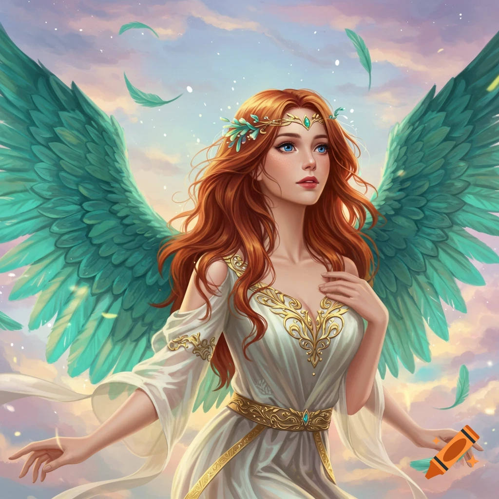 Woman with long red hair and teal wings in a fantasy sky