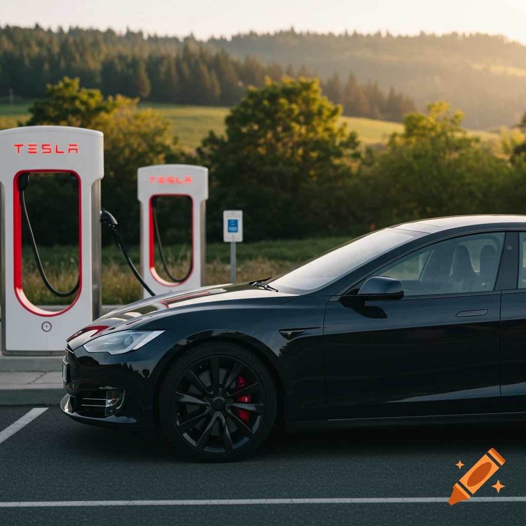 A black Tesla Model S charges at a Supercharger station at sunset, with hills and trees in the background.