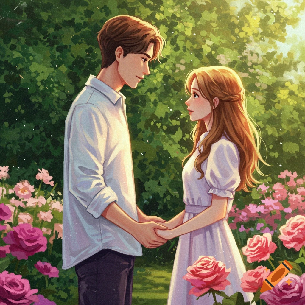 A couple holding hands in a rose garden.
