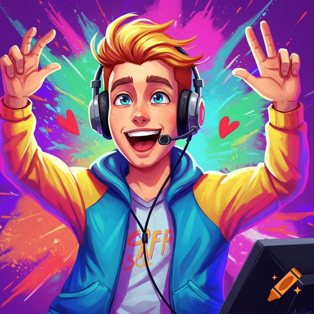 A cheerful person wearing headphones and raising hands, with hearts and colorful background.