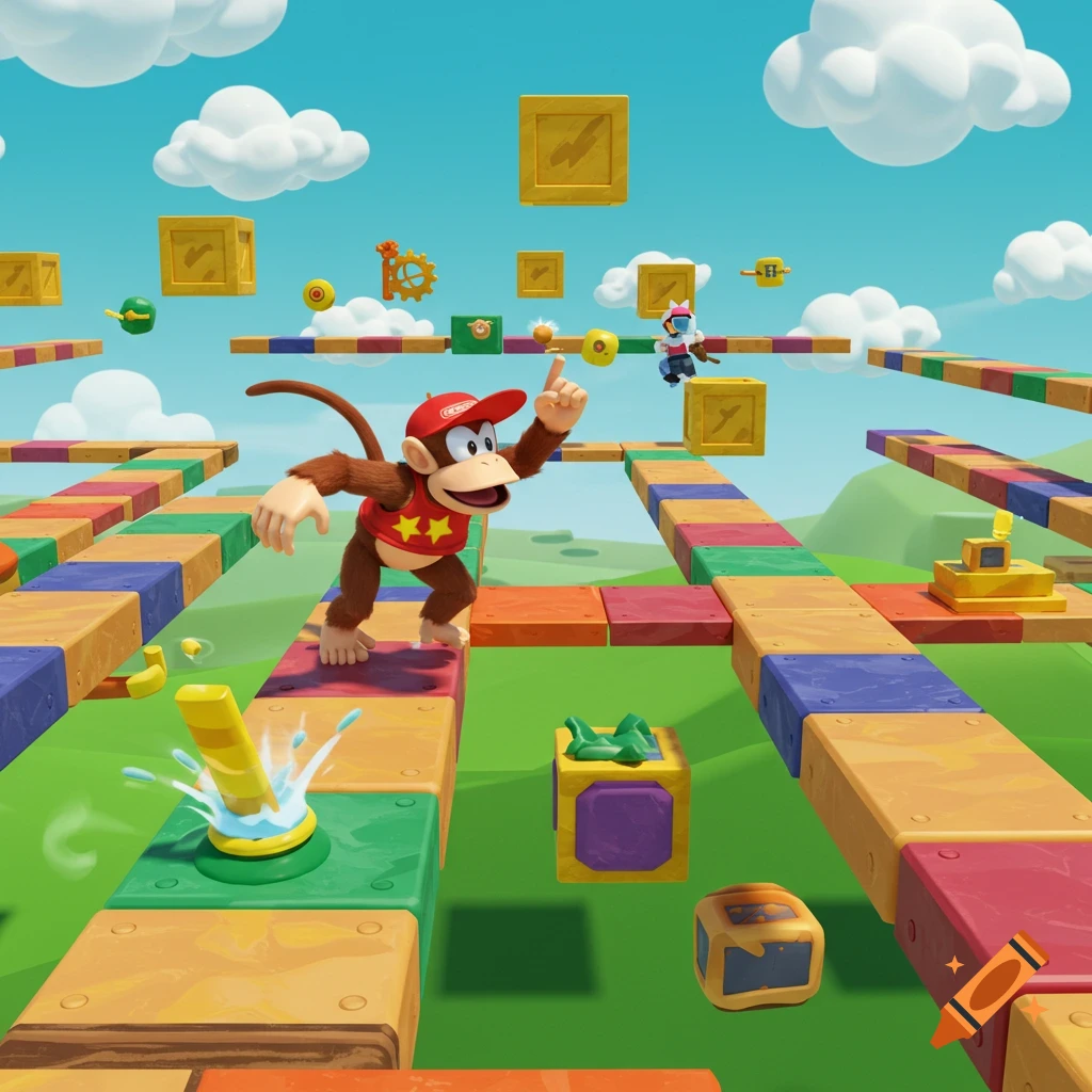 Diddy Kong on a colorful obstacle course.