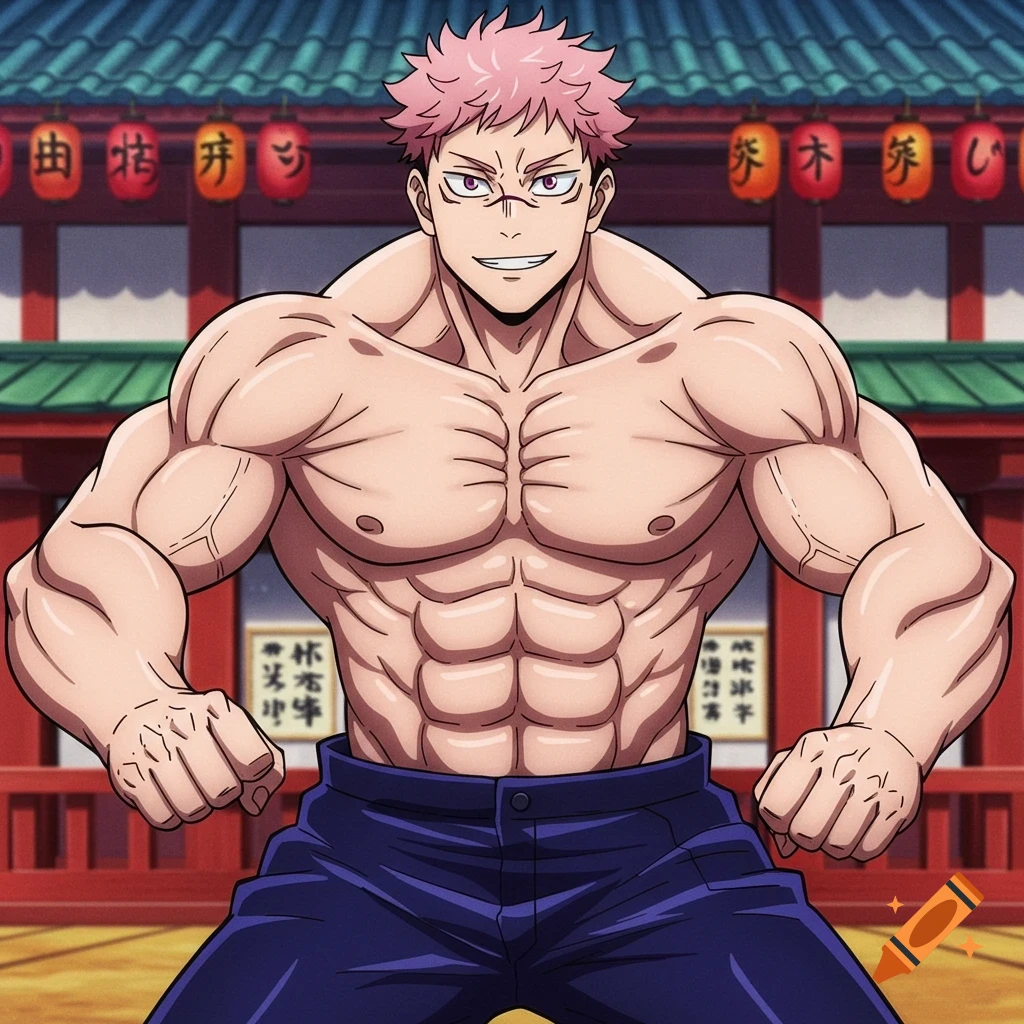 Muscular anime character with pink hair stands in front of a traditional Japanese building