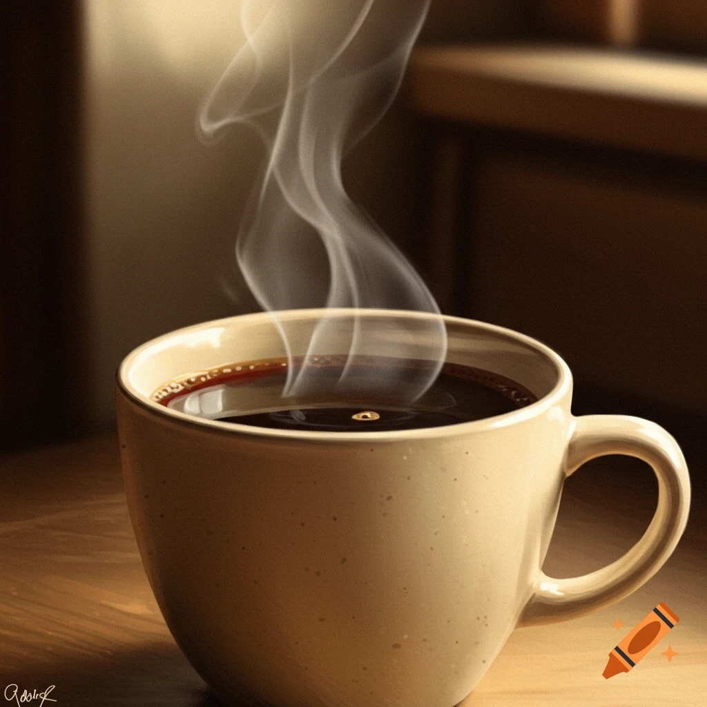 A steaming cup of coffee.