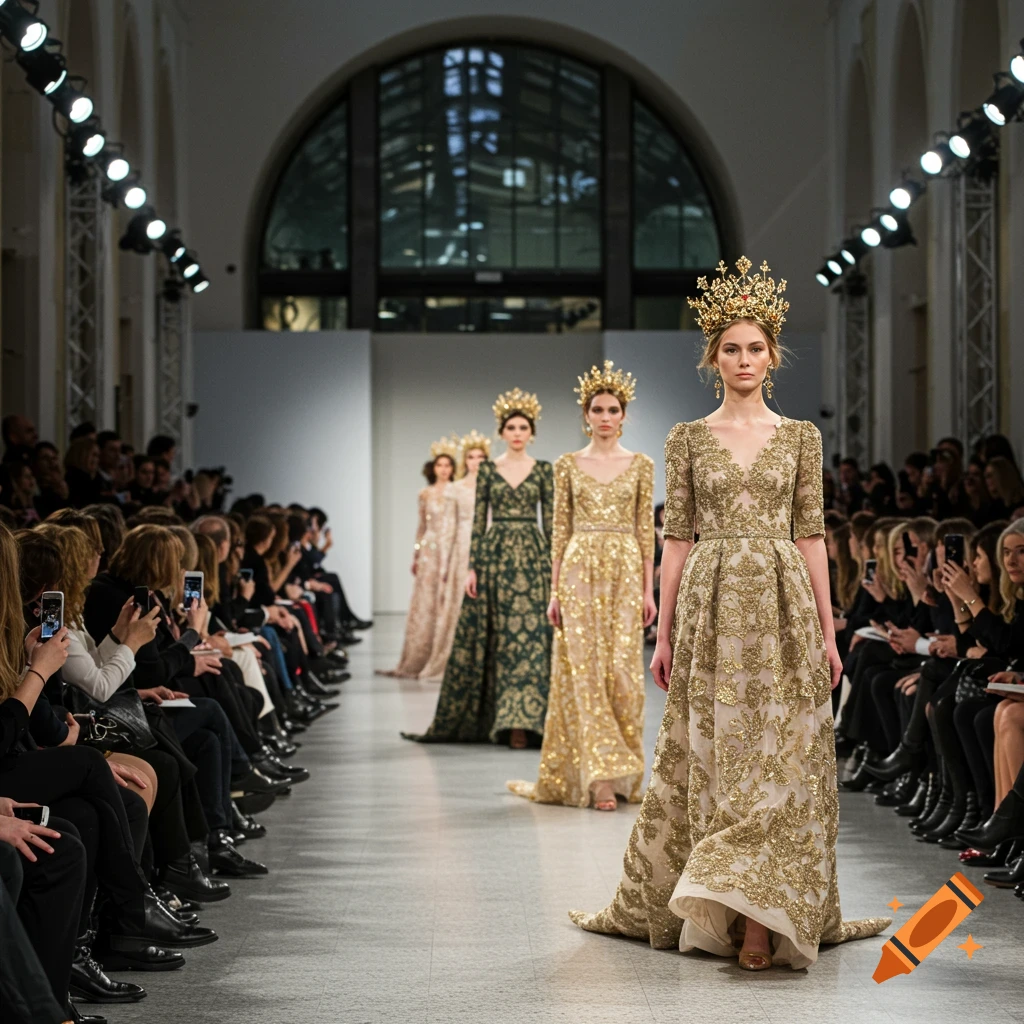 Models walk the runway in ornate gold dresses and crowns during a fashion show, with a crowd watching.