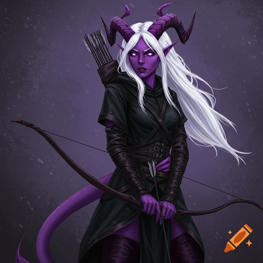 Image of a purple-skinned tiefling woman with white hair, horns, and tail, holding a bow and quiver.