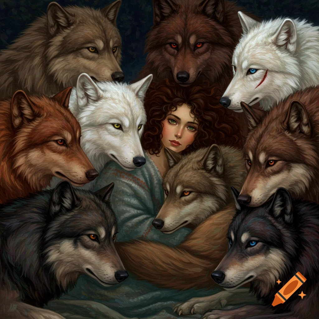 Painting of a woman surrounded by several wolves.