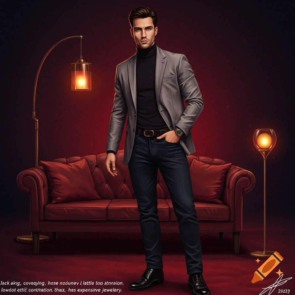 A man in a suit and turtleneck stands by a red sofa and lamps.
