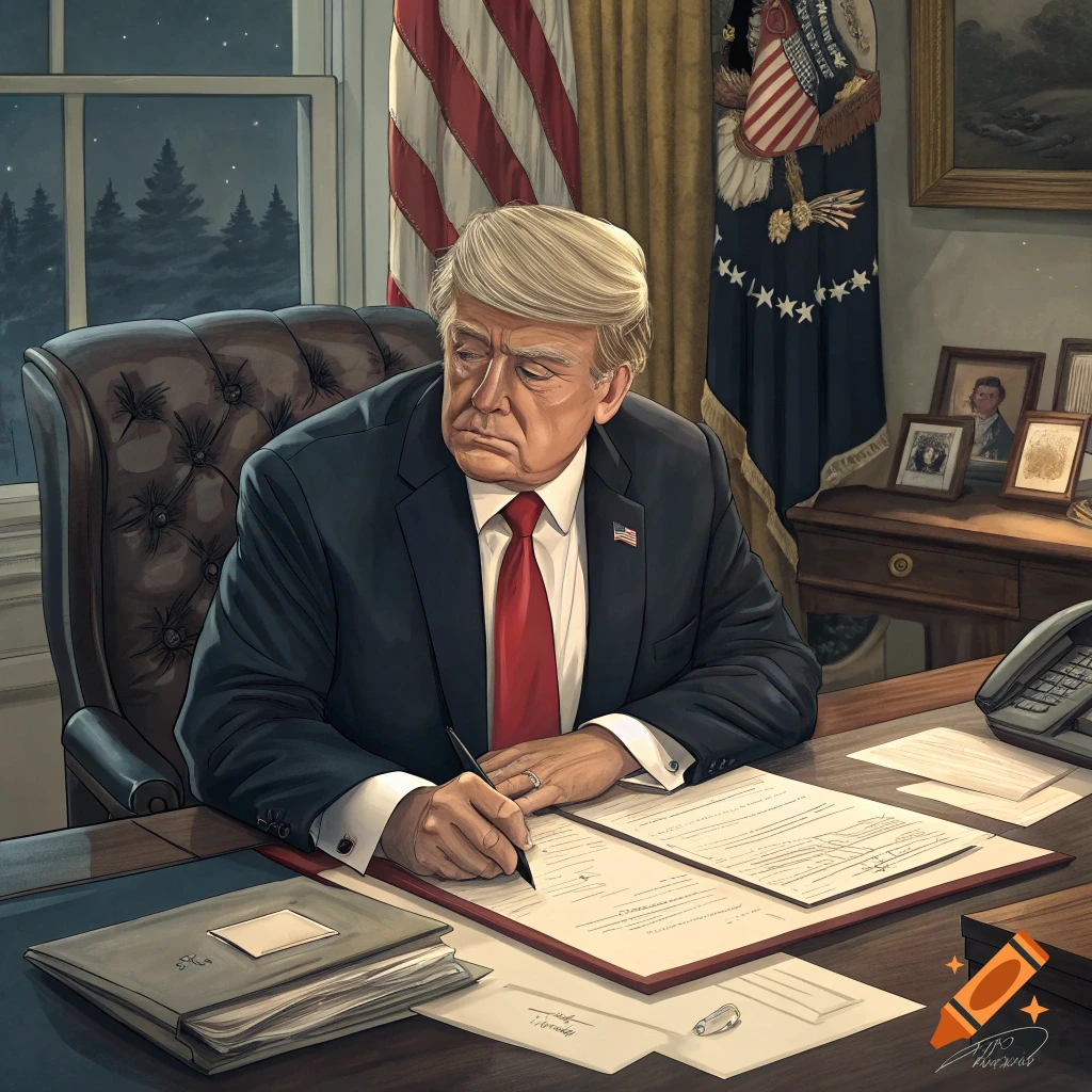 An illustration shows Donald Trump sitting at a large desk and writing on documents.