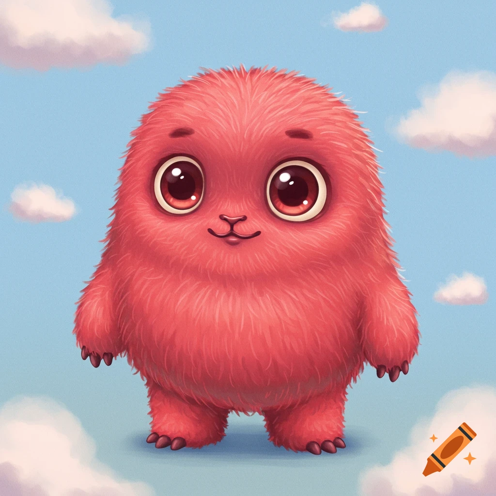A cute little red furry monster illustration standing against a blue sky with clouds.