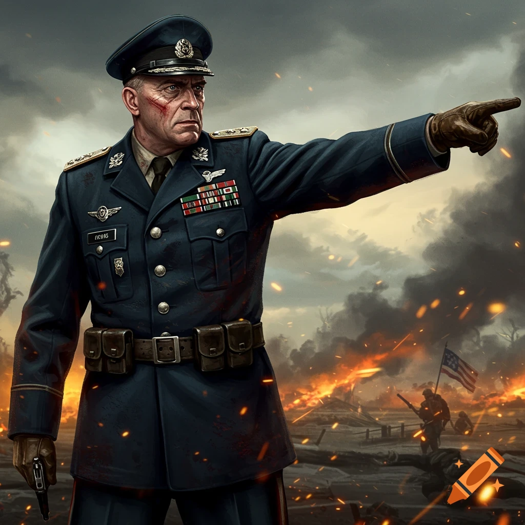 A military general points forward in a warzone.