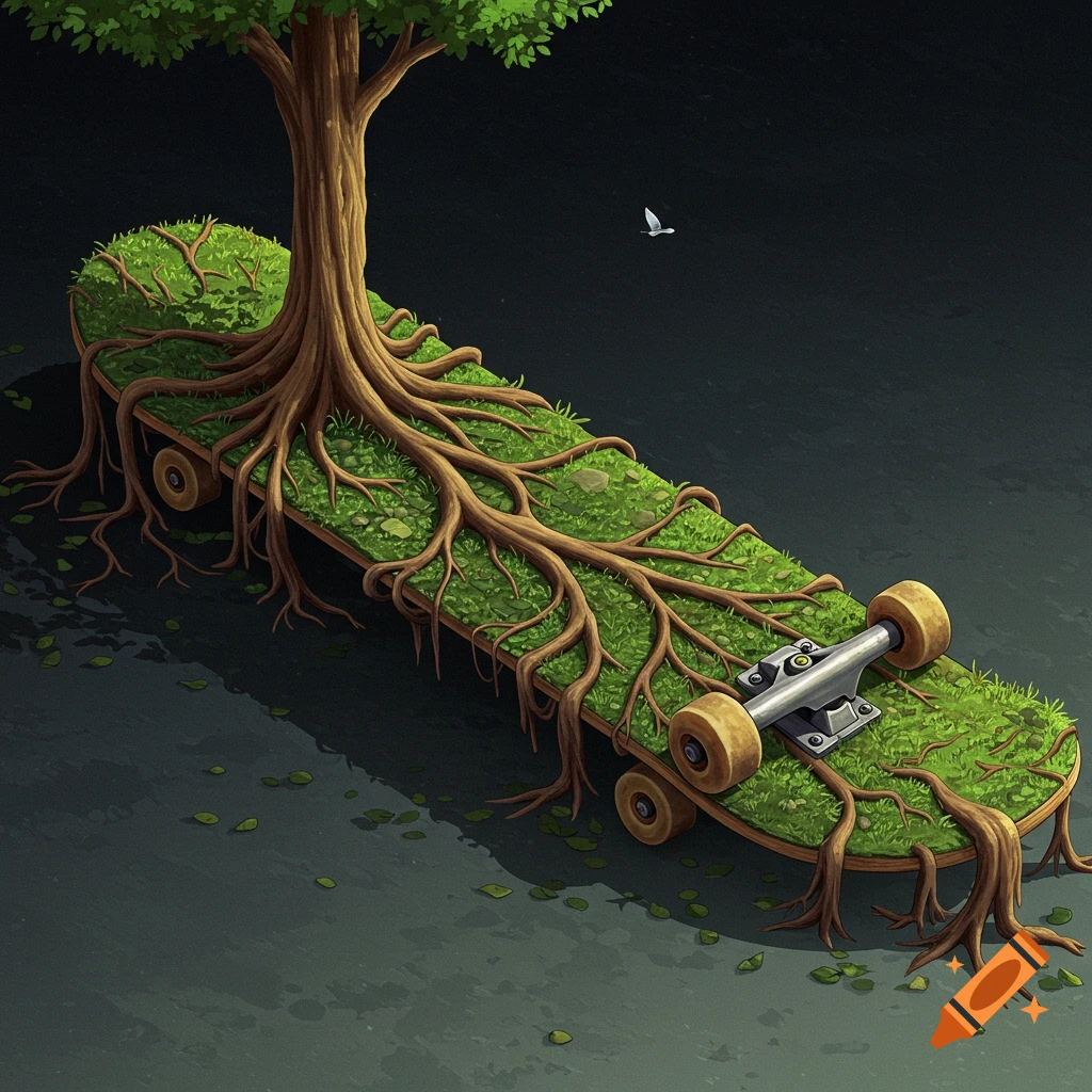 A skateboard overgrown with grass, a tree, and roots.