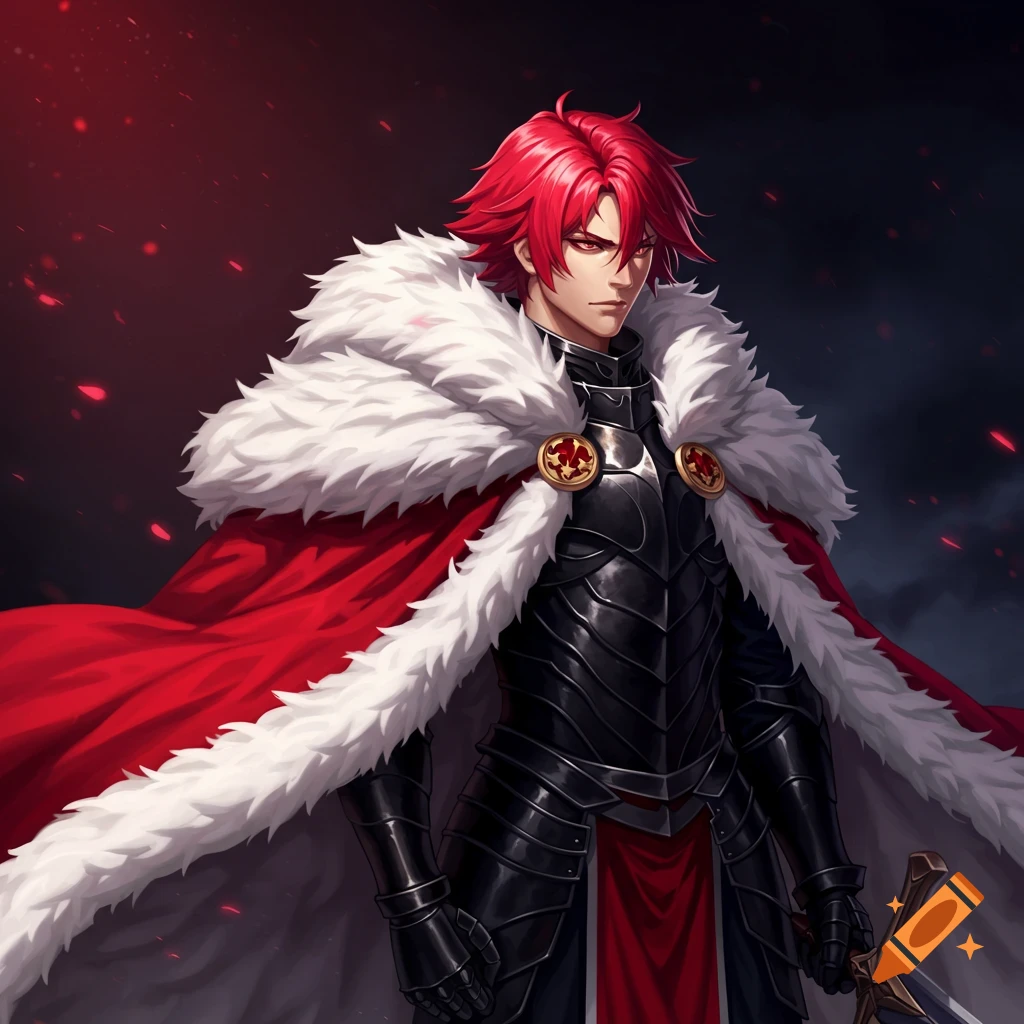 An image of a red-haired anime knight in black armor and a red fur cape