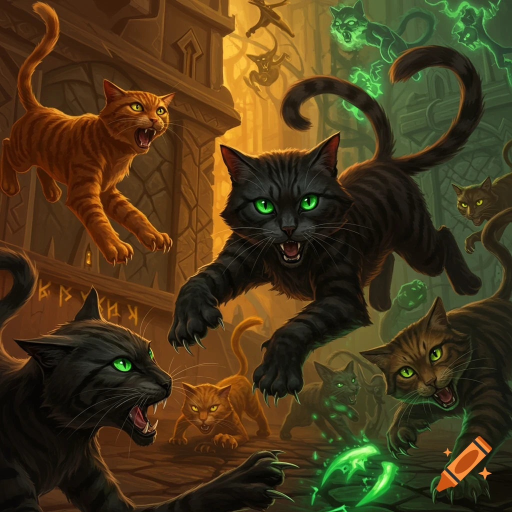 Several fierce cats attacking in a fantasy setting with glowing elements.