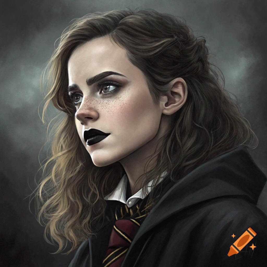 A young woman resembling Hermione Granger is wearing goth makeup and a school uniform.