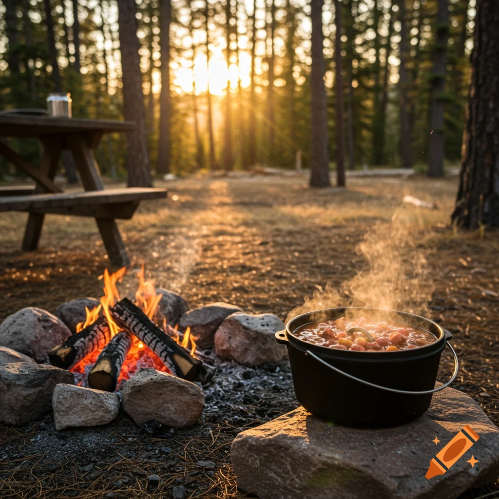 Dutch oven cooking over a campfire at a campsite during sunset