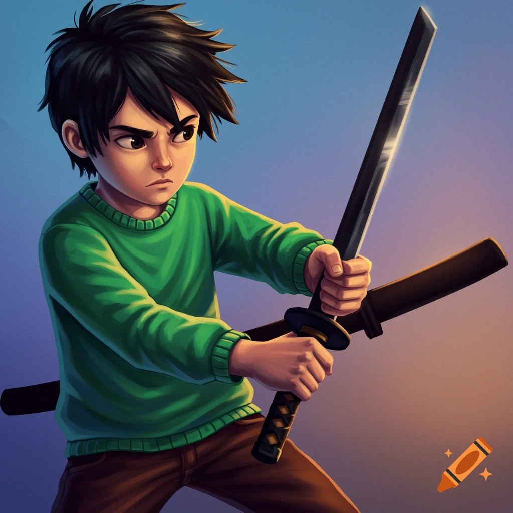 A boy in a green sweater holds a black katana dynamically.