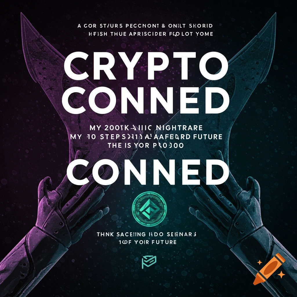 Dark digital art book cover with title CRYPTO CONNED, stylized hands holding blades, and a glowing symbol.