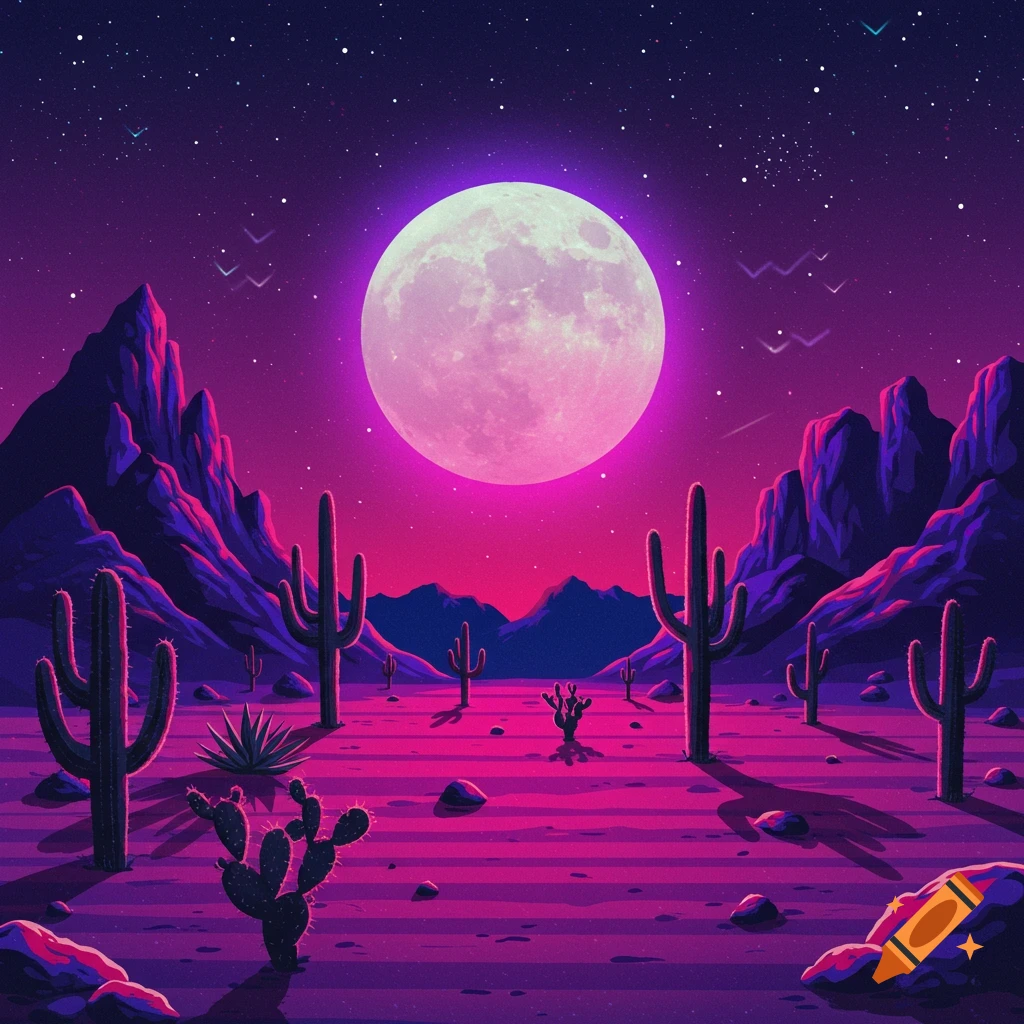 A night desert scene with a full moon, mountains, and cacti rendered in a synthwave style.