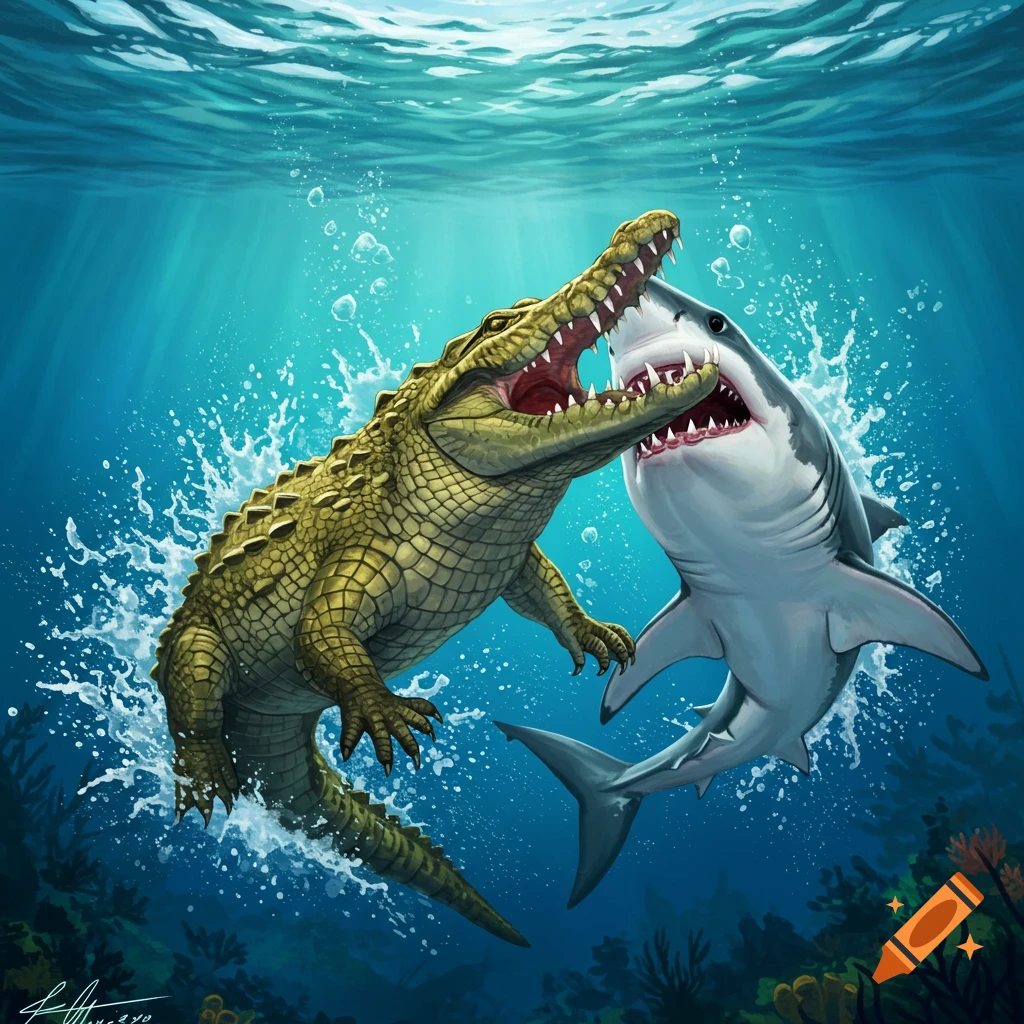 A crocodile and a shark fighting underwater.