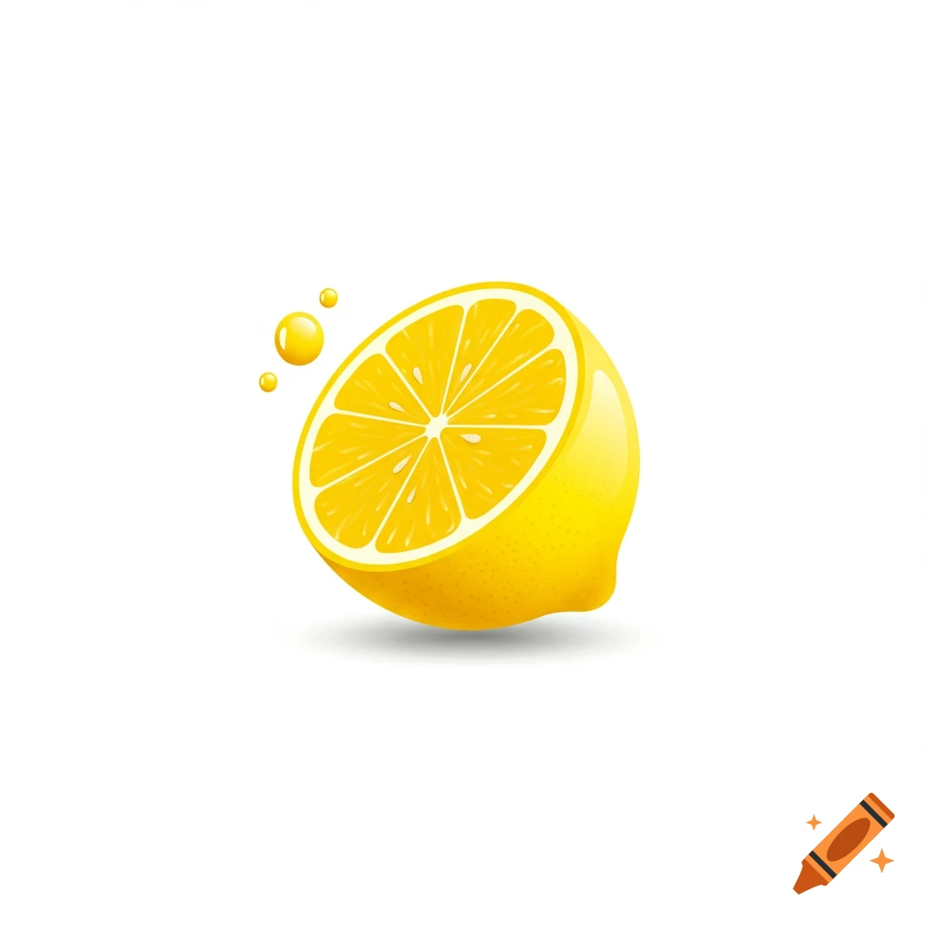 Stylized graphic of a half lemon with droplets on a white background