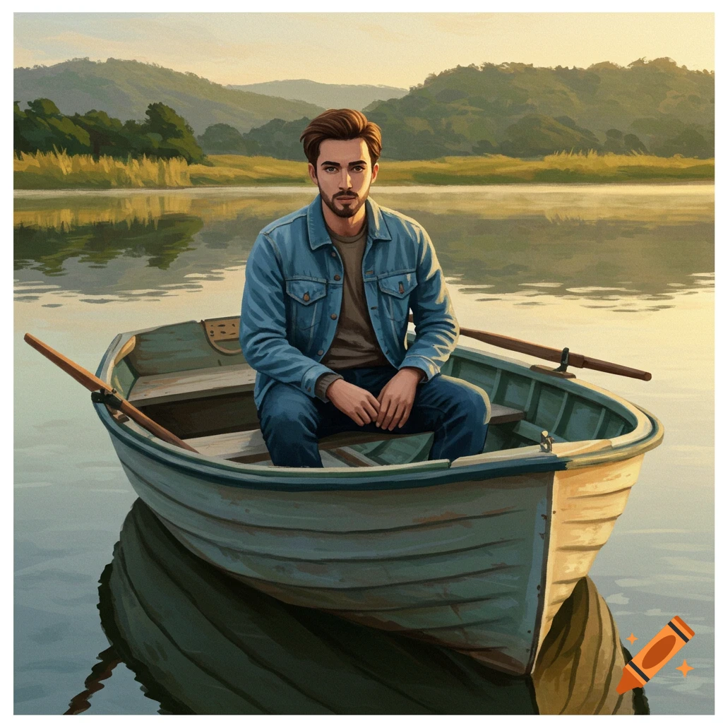 A man sits in a rowboat on a lake with mountains in the background.