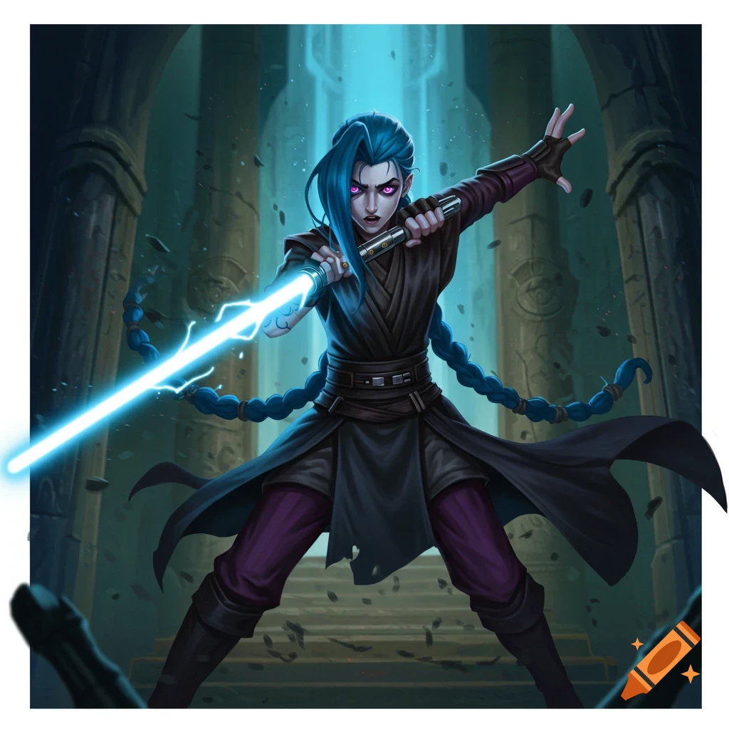 Jinx with blue braids, wielding a blue lightsaber in ancient ruins.