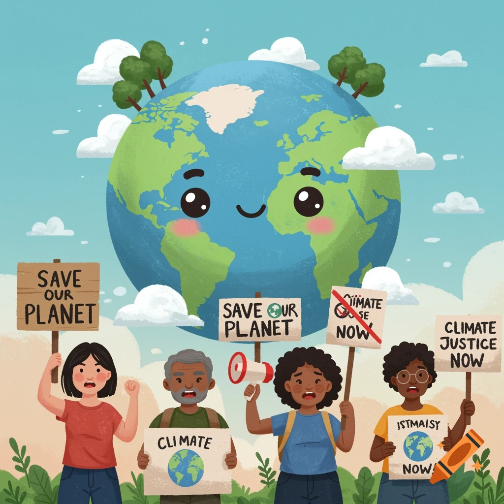 Cartoon Earth watches diverse group protest climate change with signs.