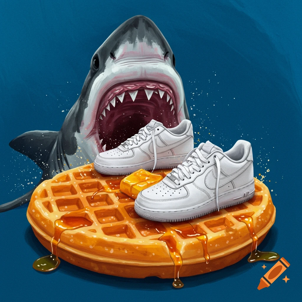 A shark with its mouth open is behind a waffle topped with butter, syrup, and white sneakers.