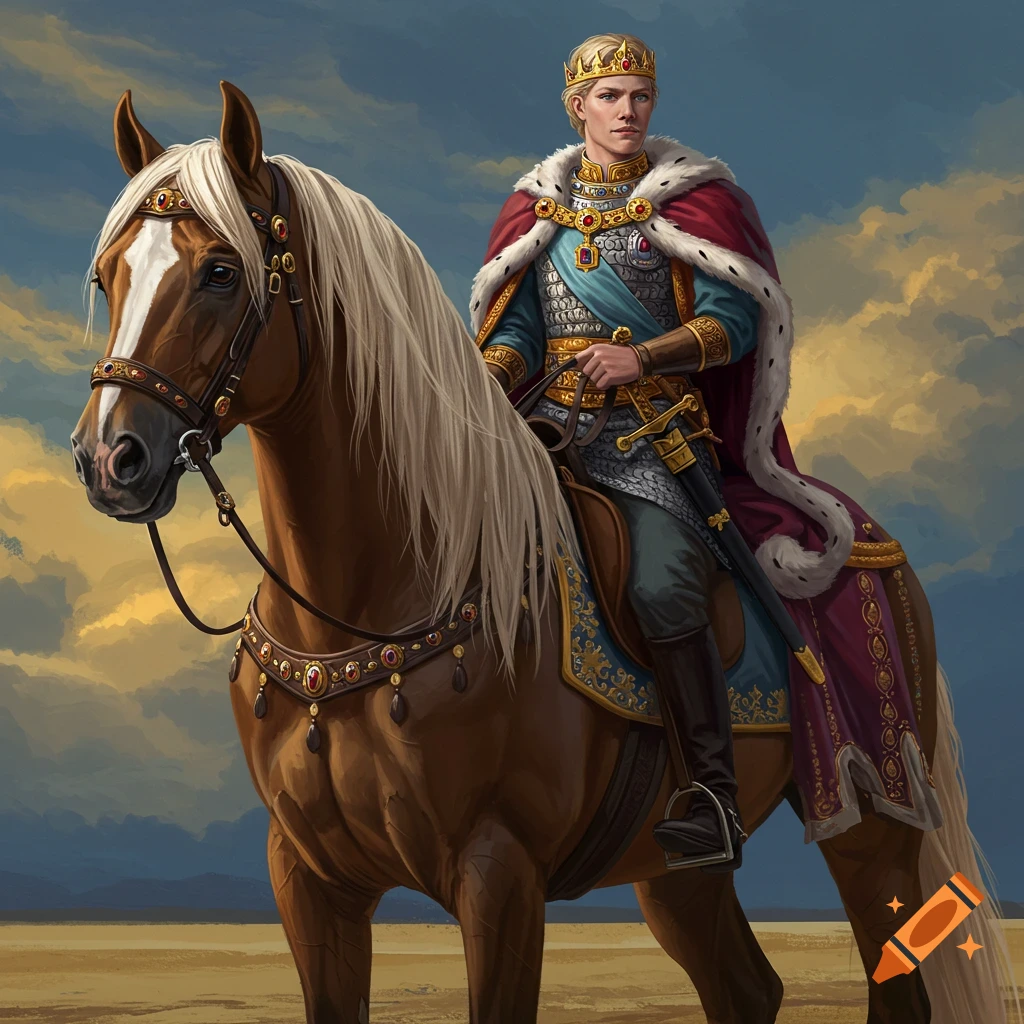 Painting of a blond king in a crown and royal robes riding a horse in a landscape.