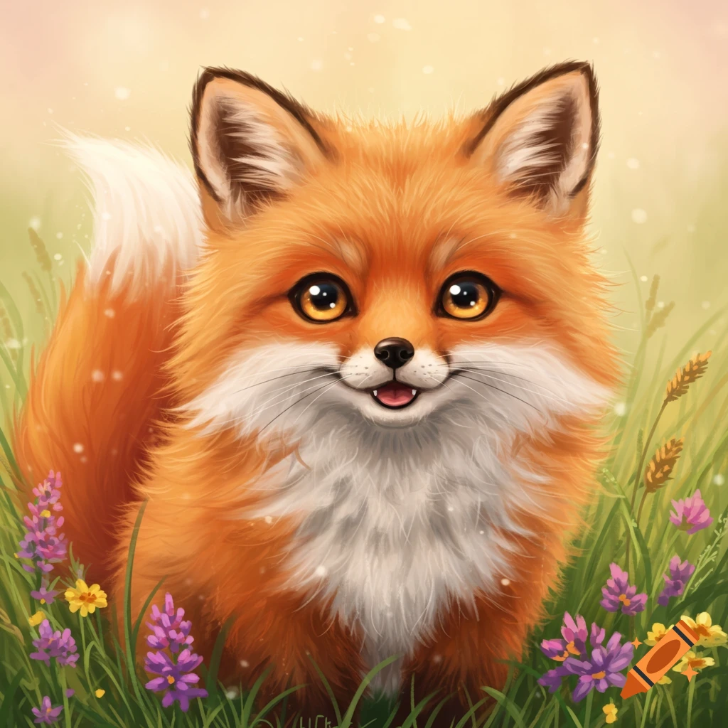 A cute fluffy orange fox sitting in a field of flowers