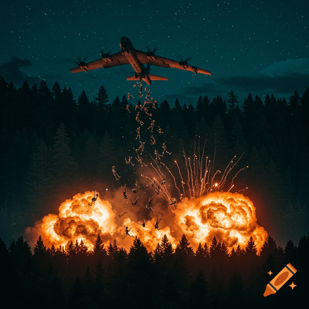 A B-52 bomber drops distorted figures from a night sky into large explosions engulfing a forest below.