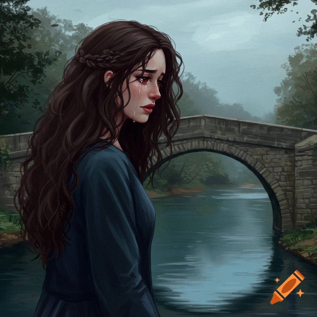 Painting of a woman crying by a stone bridge over a river.
