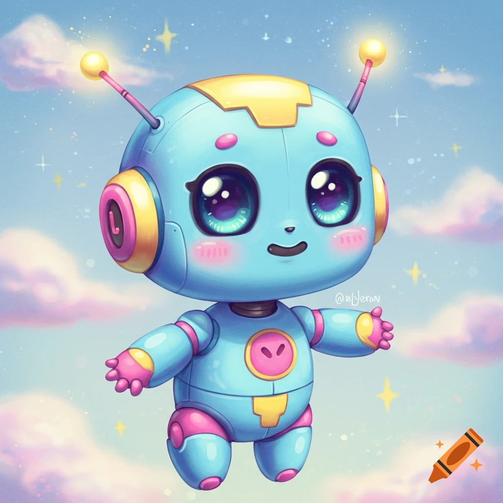 A cute cartoon-style blue robot with big eyes floats in a sky with clouds and stars.