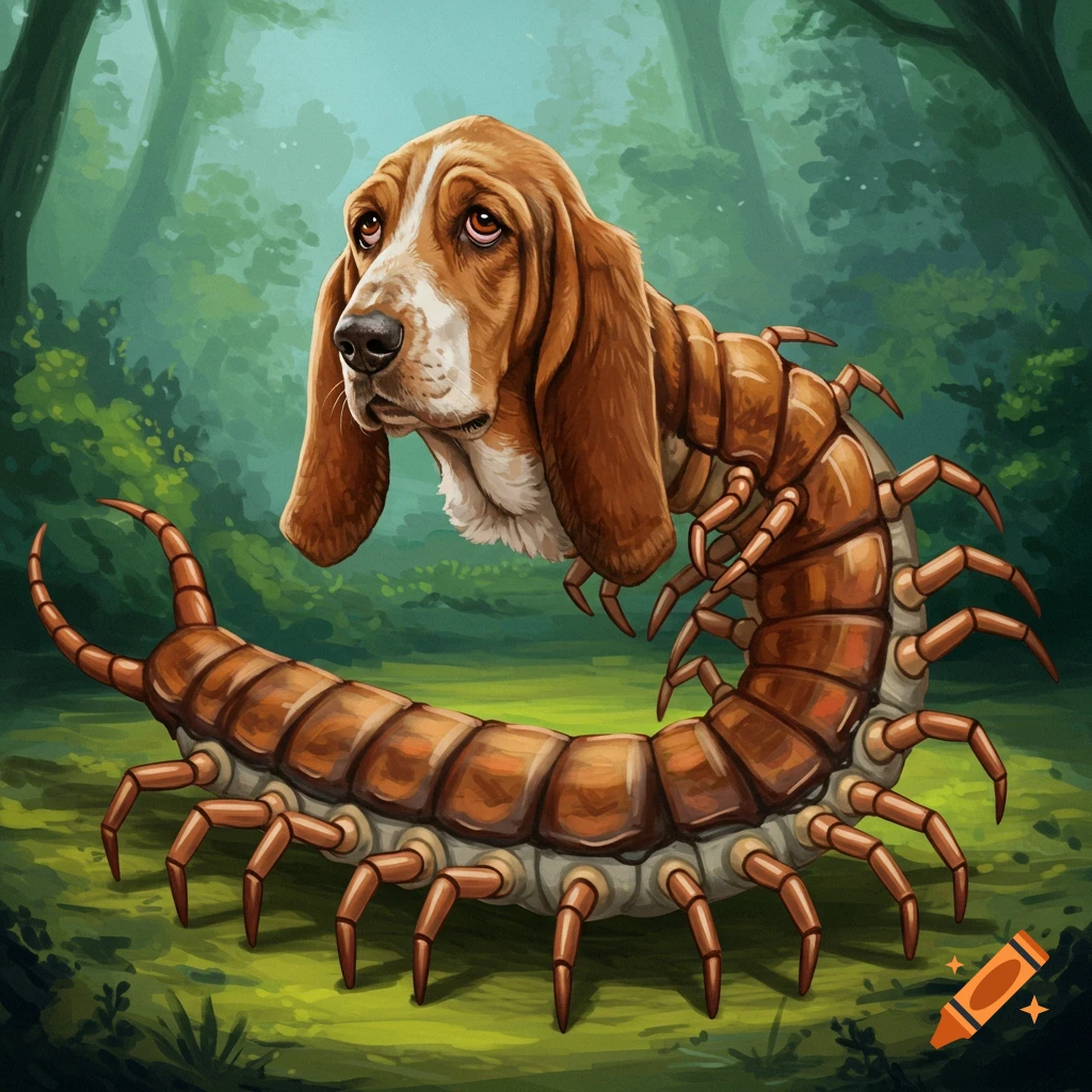 Basset Hound head on a centipede body in a forest