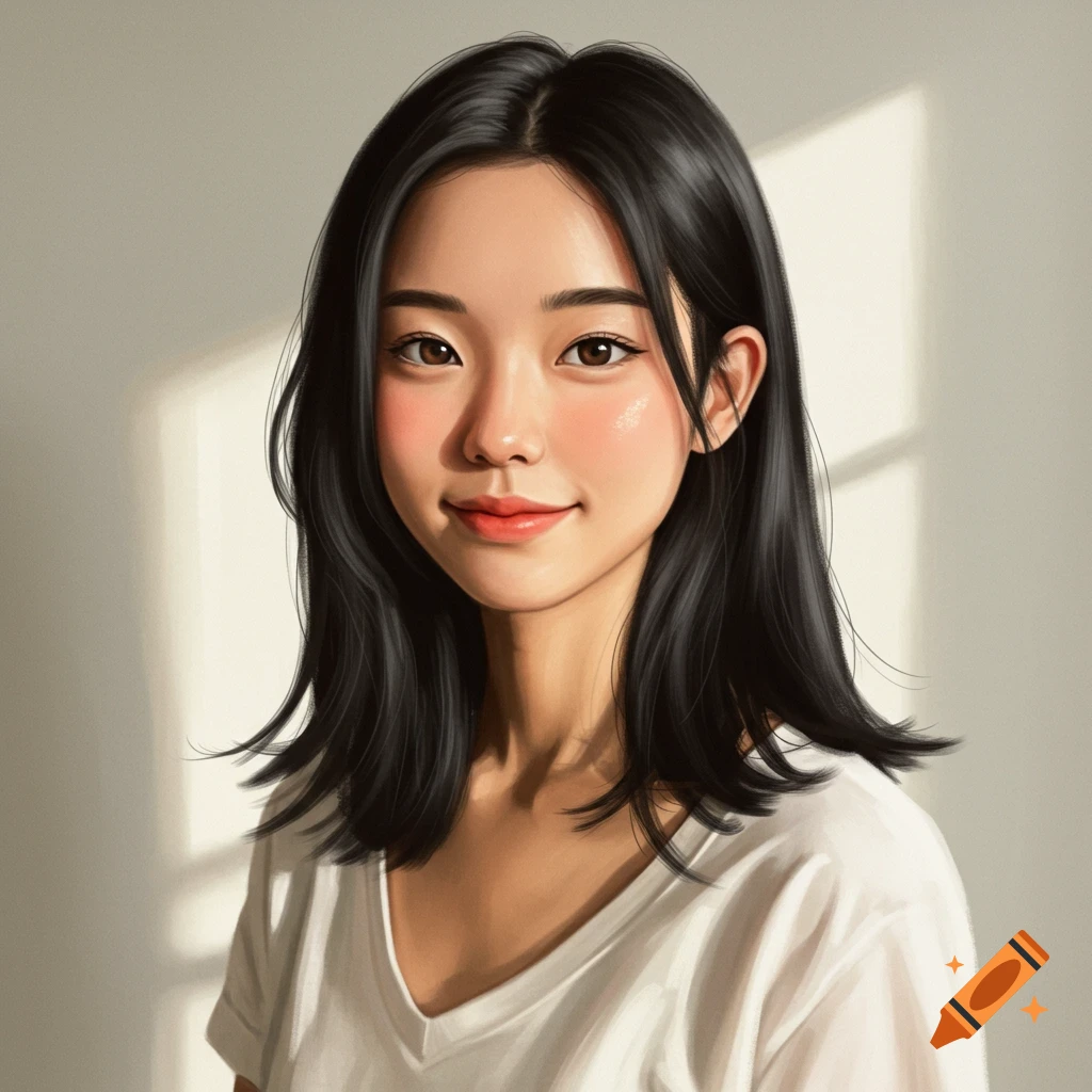 A young woman with long black hair smiles, lit by window light.