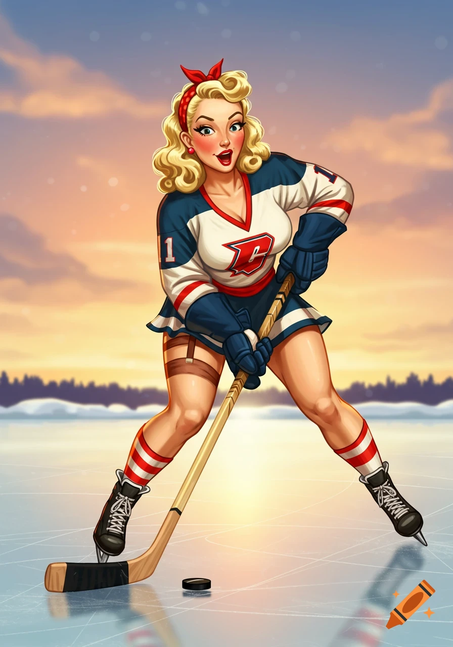 A pin-up girl in a hockey uniform stands on the ice.