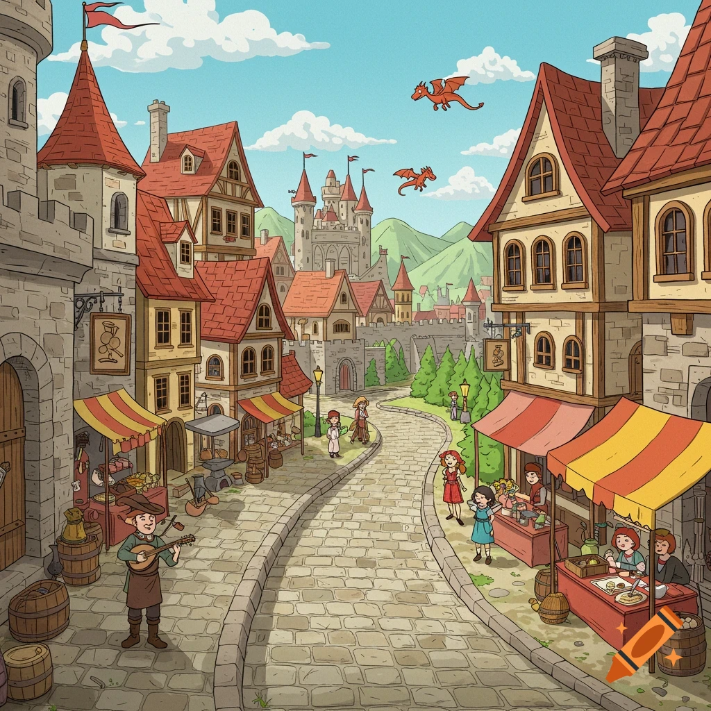 Cartoon illustration of a medieval town street with stalls, people, and dragons flying overhead.