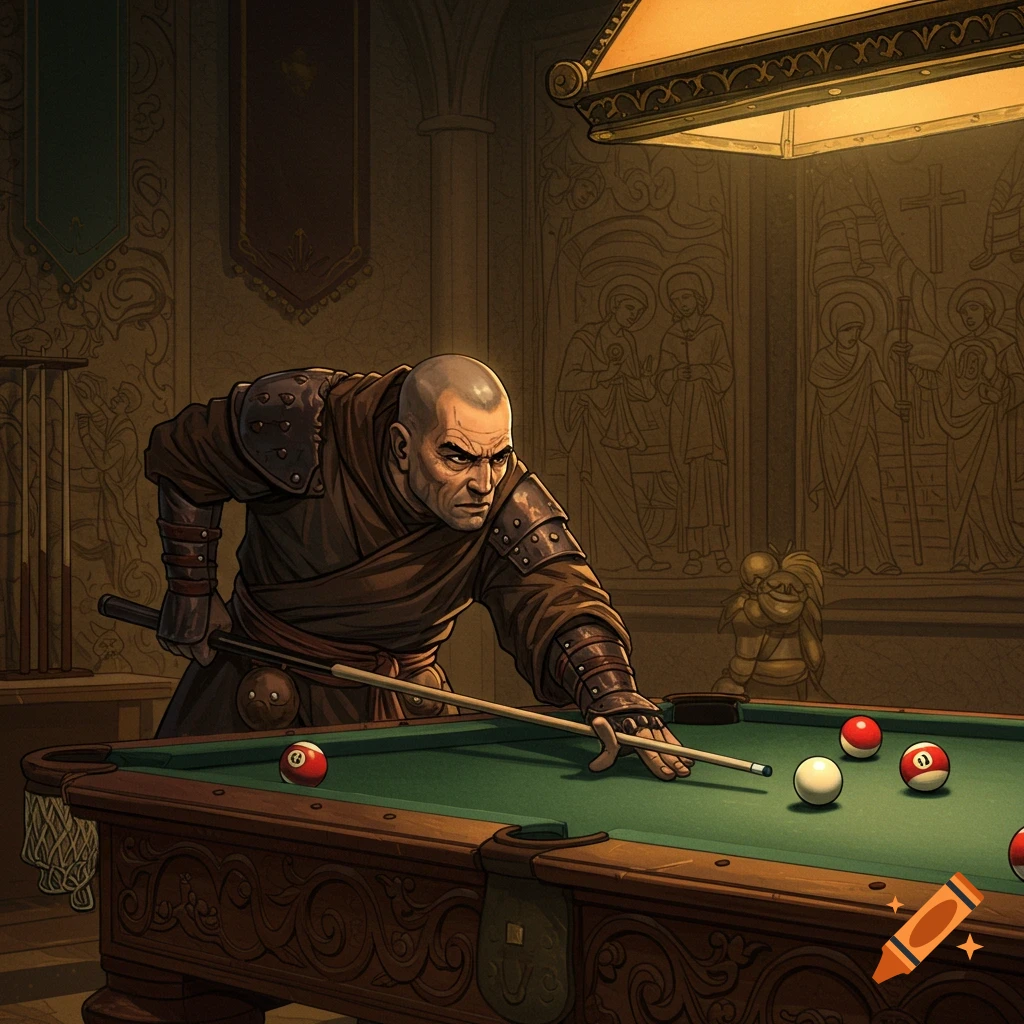 A warrior monk plays billiards in a dimly lit room.