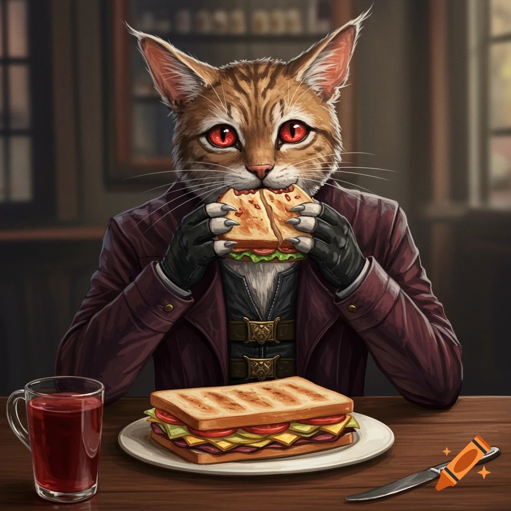 A cat-human hybrid wearing a suit jacket and eating a large sandwich at a table.