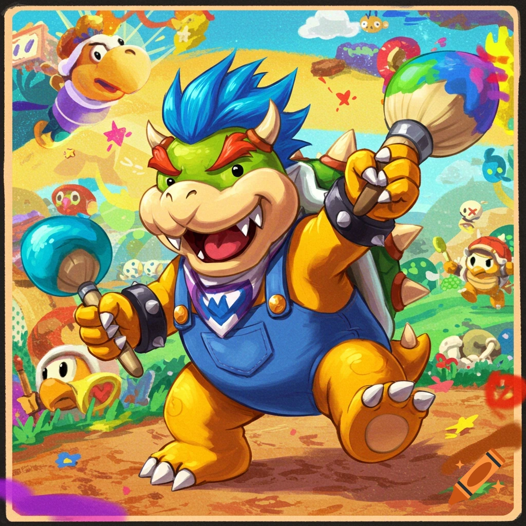A colorful scene with Bowser Jr. holding paintbrushes in a landscape with other characters.